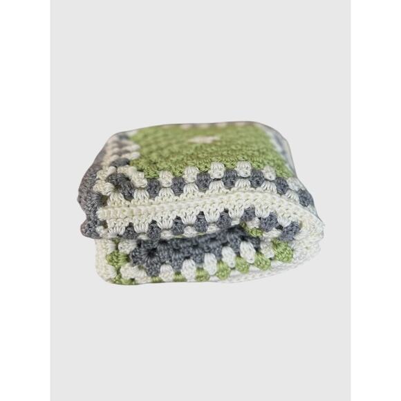 Handmade Knit Crochet Throw Blanket Afghan Granny Square Cream Grey Green 37x37 - Picture 9 of 9